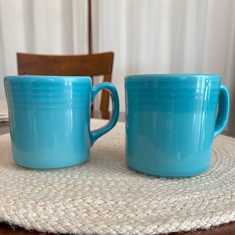 Vintage Anfora Turquoise Coffee Mugs Restaurant Ware Stoneware Set of 2 10-oz.
